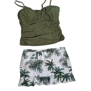 Green Tankini‎ Top and Palm tree Print Skirt set 13/14 y
